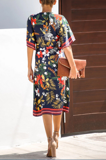 Sexy Print Patchwork V Neck Waist Skirt Dresses