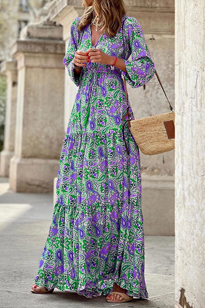 Casual Print Patchwork V Neck Cake Skirt Dresses