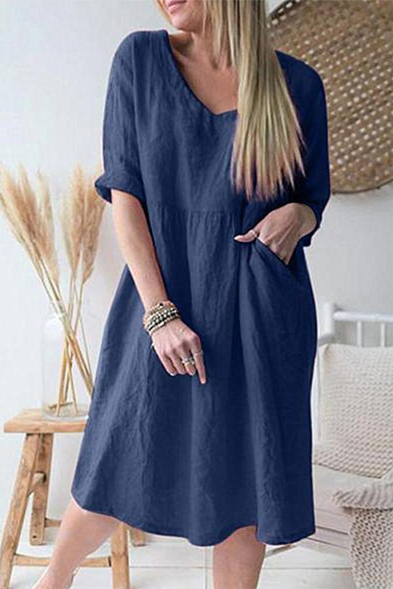 Casual Solid Patchwork V Neck Straight Dresses