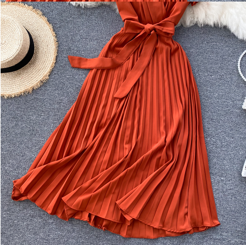 Autumn Fashion New Female Solid Pleated Dress Women V neck Short Sleeves Sashes Long Dresses Summer Streetwear Vintage