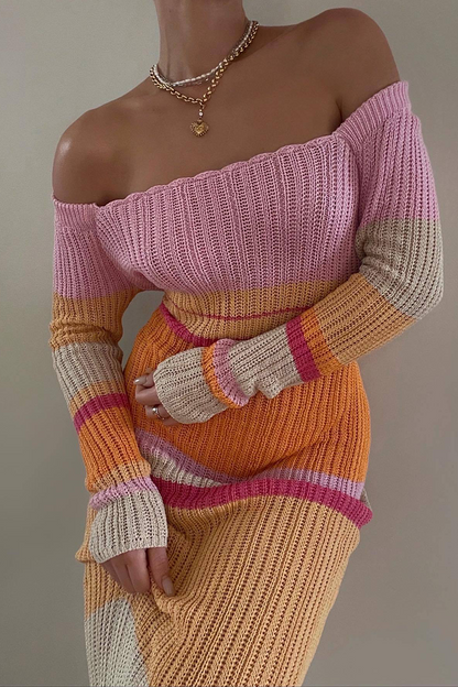 Casual Striped Patchwork Off the Shoulder Straight Dresses(5 Colors)