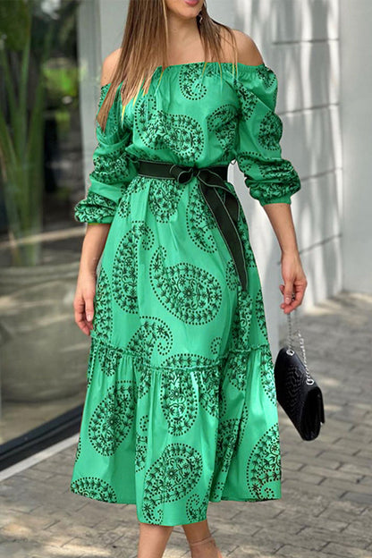 Fashion Print Printing Off the Shoulder A Line Dresses(3 Colors)