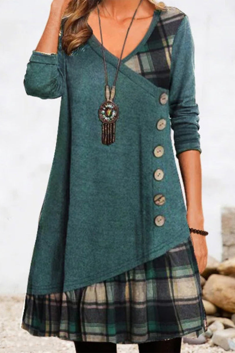 Casual Plaid Patchwork Buttons V Neck A Line Dresses