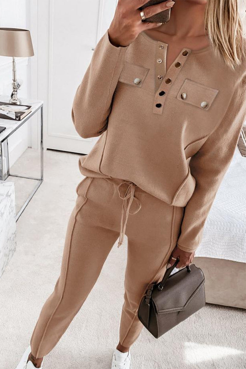 lovwvol - Casual Buckle Solid Color V Neck Long Sleeve Two Pieces(3 Colors)