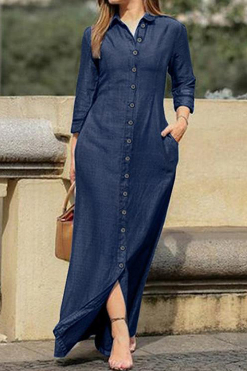 Elegant Solid Buckle Turndown Collar Long Sleeve Loose Denim Dresses(3 Colors)