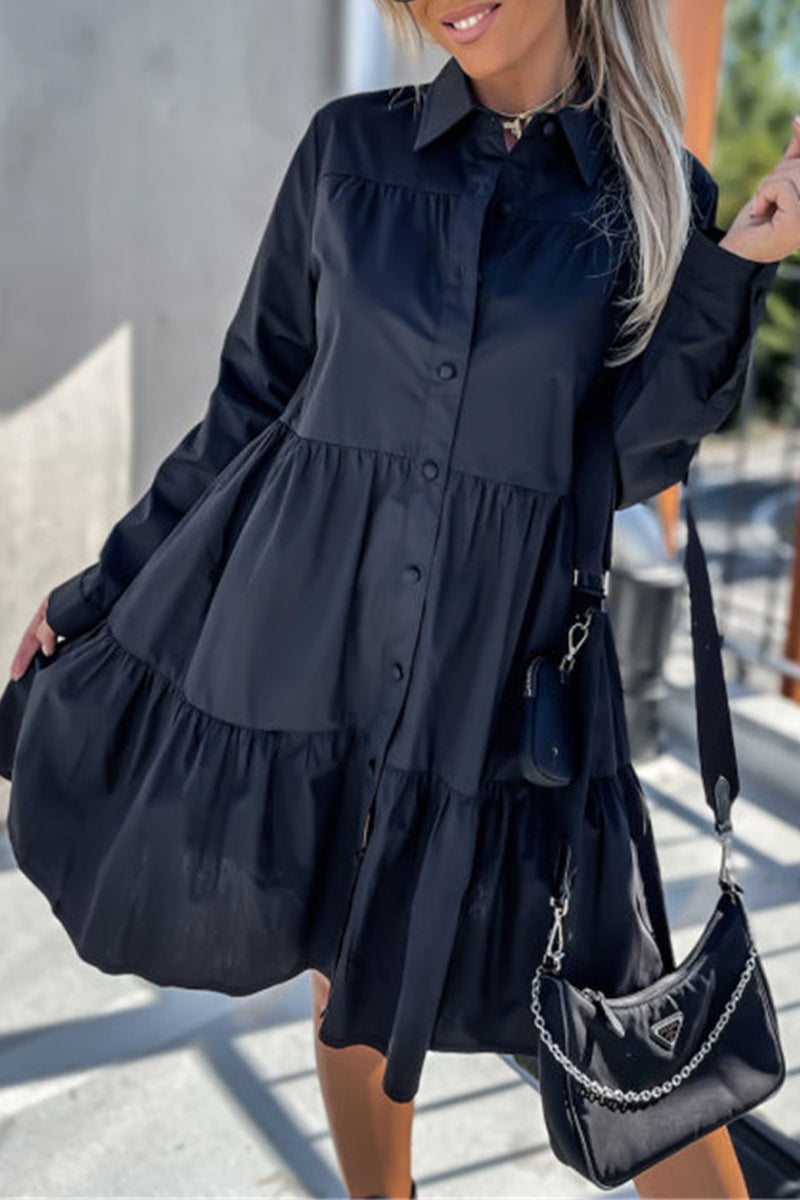 Casual Buckle Turndown Collar Shirt Dress Dresses(4 Colors)