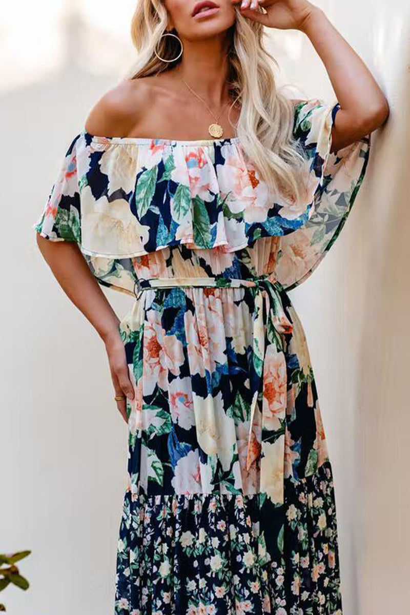 Elegant Floral Patchwork Flounce Off the Shoulder Cake Skirt Dresses