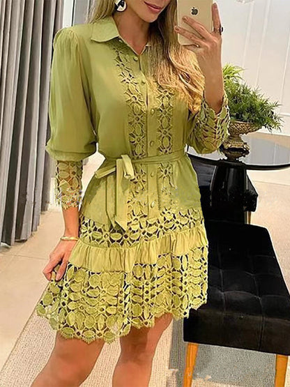 Elegant Solid Contrast Shirt Collar Dresses(5 Colors)