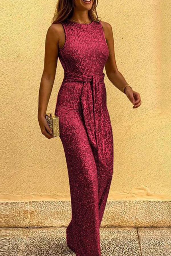 Round Neck Sleeveless Sequin Jumpsuit