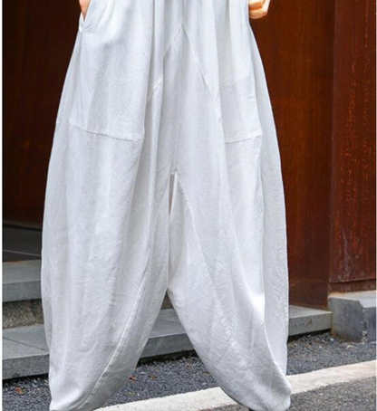 Women High Elastic Waist Lantern Pantalon Loose Baggy Pockets Cargo Pants Solid Cotton Linen Long Wide Leg Trousers