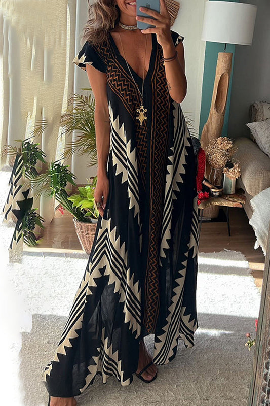 Casual College Geometric Print Fold V Neck A Line Dresses