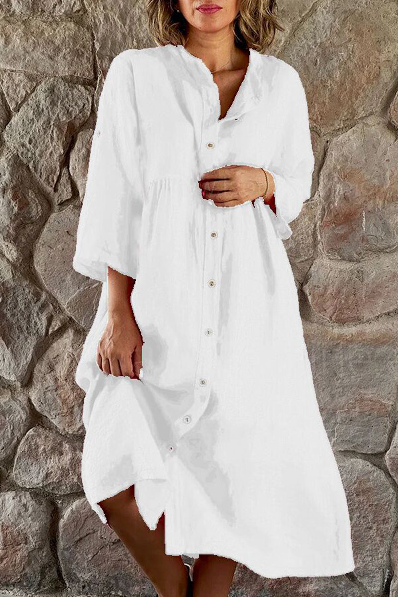 Casual Simplicity Solid Buttons Mandarin Collar Shirt Dress Dresses(4 Colors)