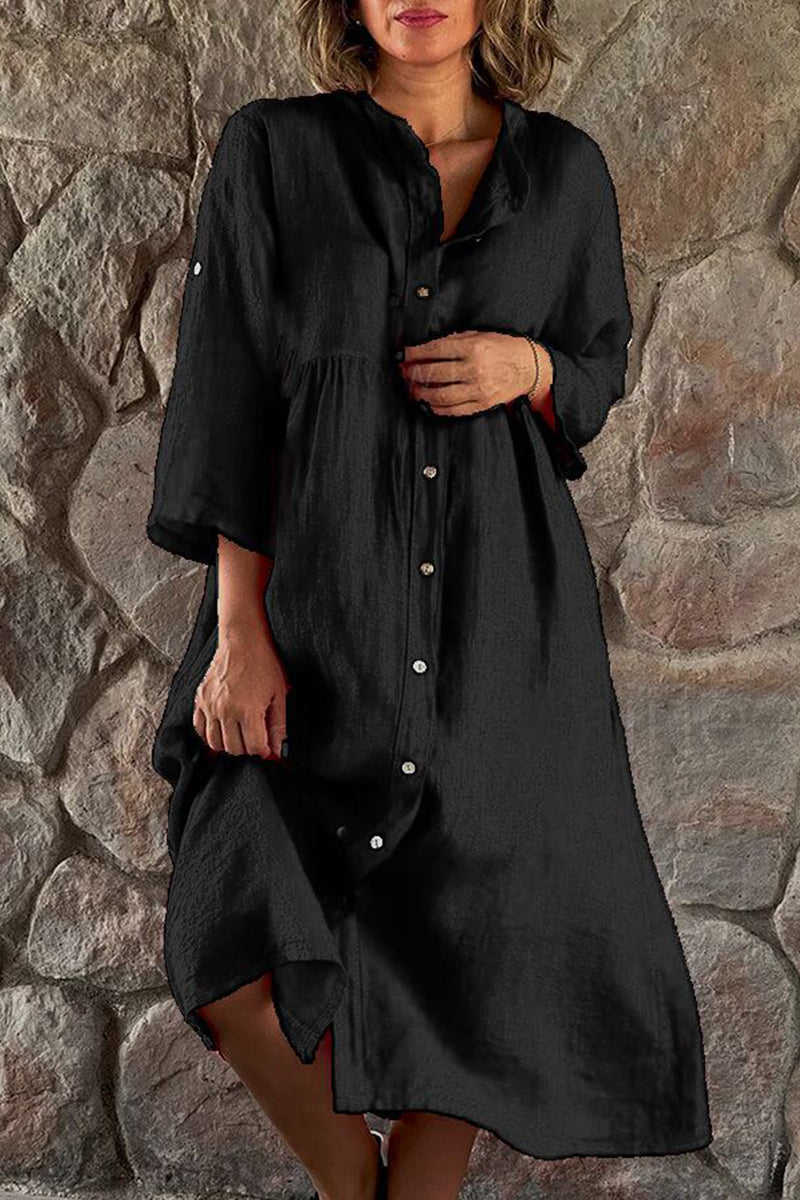 Casual Simplicity Solid Buttons Mandarin Collar Shirt Dress Dresses(4 Colors)