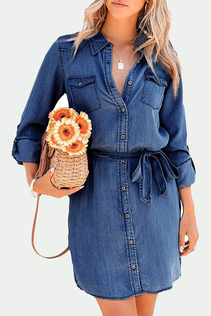 Elegant Solid Frenulum Turndown Collar Long Sleeve Loose Denim Dresses