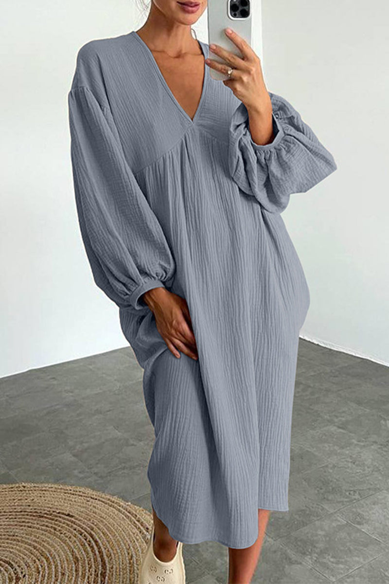 Casual Living Solid Pocket V Neck Long Sleeve Dresses