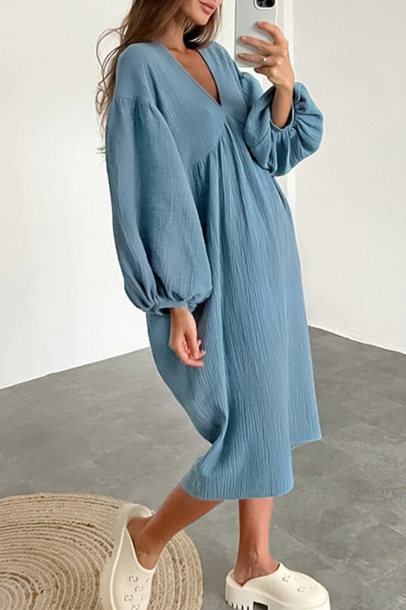 Casual Living Solid Pocket V Neck Long Sleeve Dresses