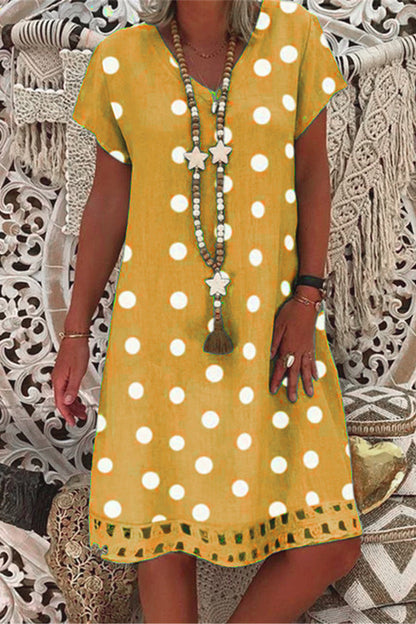 Women V-Neck Short Sleeve Hollow Polka Dot Summer Dress