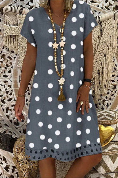 Women V-Neck Short Sleeve Hollow Polka Dot Summer Dress