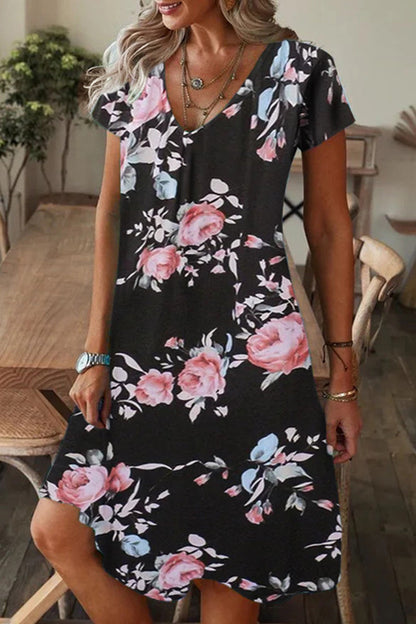 Casual Print Patchwork V Neck A Line Short Sleeve Dress