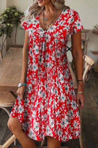 Casual Print Patchwork V Neck A Line Short Sleeve Dress