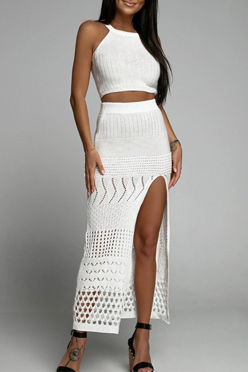 lovwvol - Sexy Vacation Solid Patchwork Slit O Neck Sleeveless Two Pieces