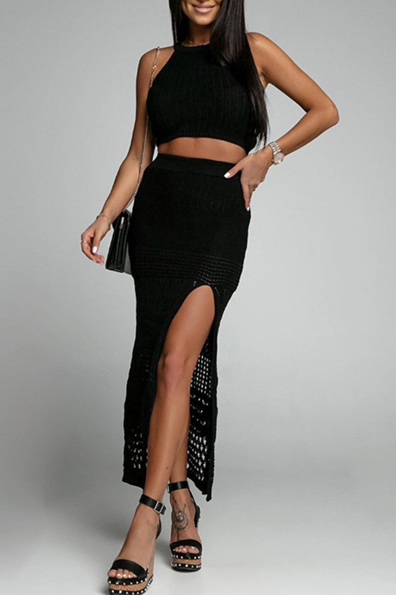 lovwvol - Sexy Vacation Solid Patchwork Slit O Neck Sleeveless Two Pieces