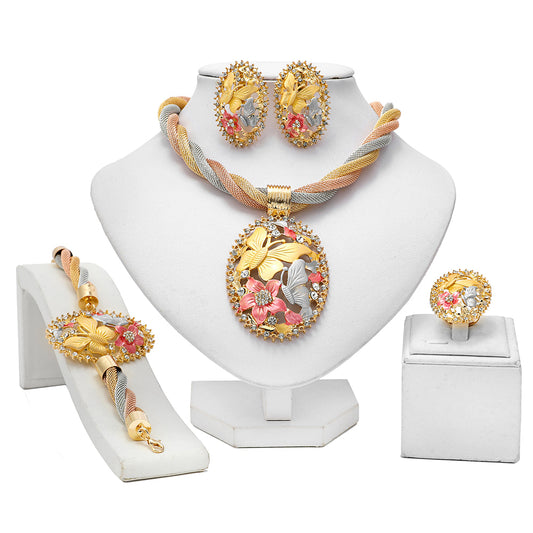 5-Piece Traditional Bridal Jewelry Set - 18k Plated Butterfly and Flower Design, Trendy and Elegant Accessories for Daily Outfits, Necklace, Earrings, Bracelet, and Ring Combination for Women