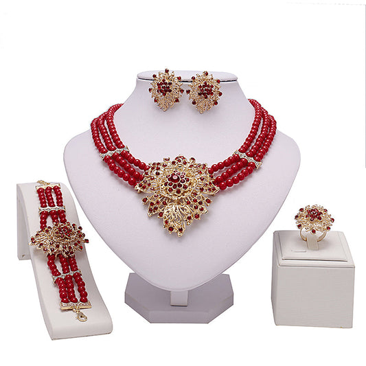 1 Pair Of Earrings + 1 Necklace + 1 Bracelet + 1 Ring Traditional Bridal Handmade Jewelry Set Plated Retro Flower Design Match Daily Outfits