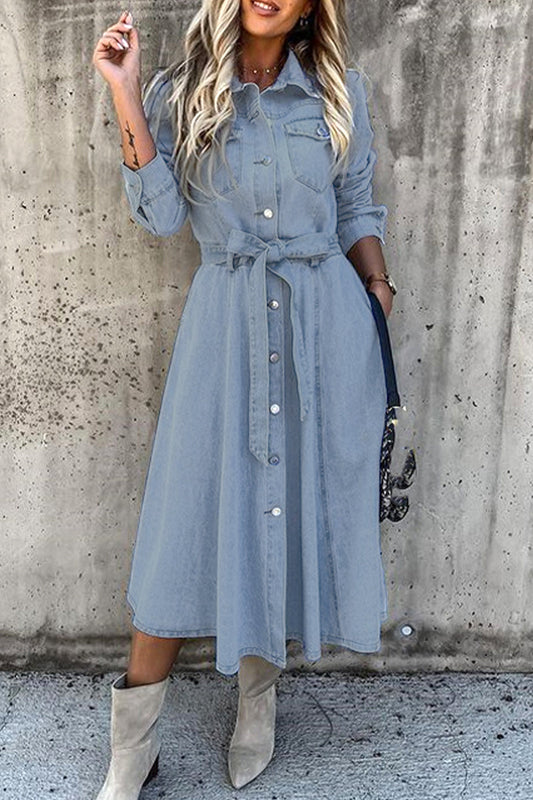 Work Elegant Solid Patchwork Pocket Frenulum Buckle Turndown Collar Long Sleeve High Waist Regular Denim Dresses