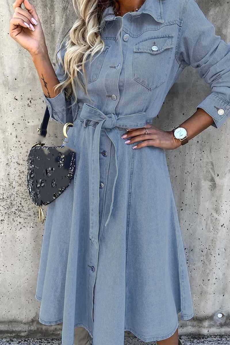 Work Elegant Solid Patchwork Pocket Frenulum Buckle Turndown Collar Long Sleeve High Waist Regular Denim Dresses