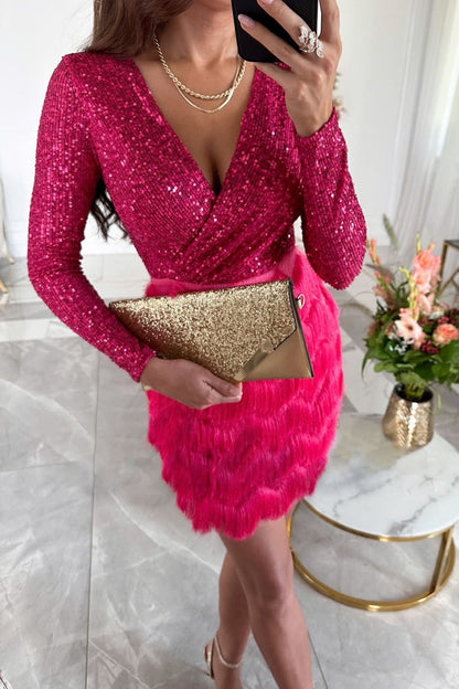 Sexy Solid Tassel Sequins V Neck Wrapped Skirt Dresses(4 Colors)