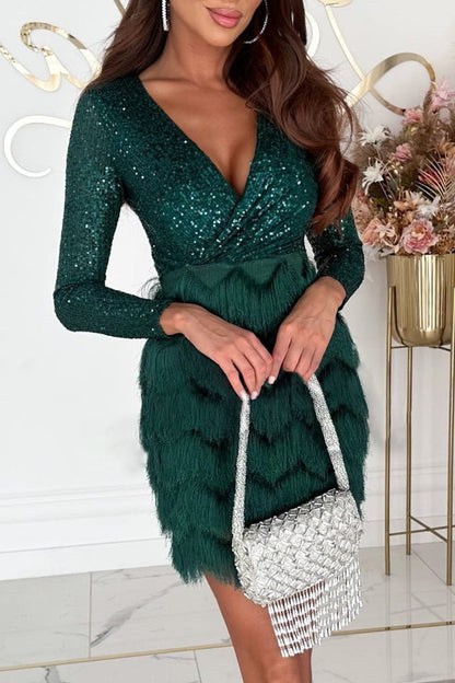 Sexy Solid Tassel Sequins V Neck Wrapped Skirt Dresses(4 Colors)