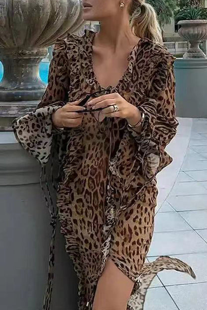 Sexy Celebrities Leopard Flounce Slit V Neck Long Sleeve Dresses