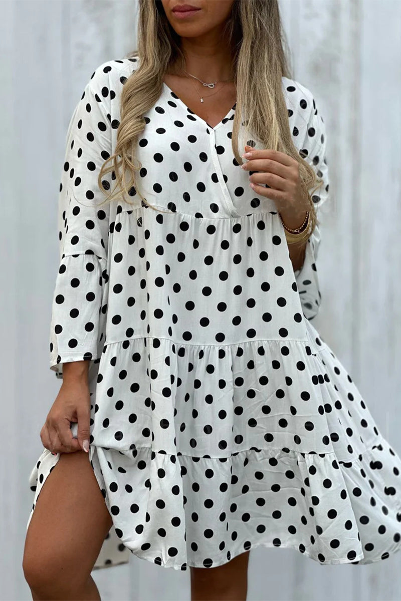 Elegant Print Polka Dot Flounce V Neck A Line Dresses