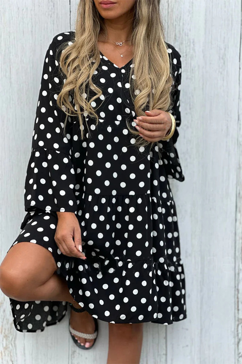 Elegant Print Polka Dot Flounce V Neck A Line Dresses