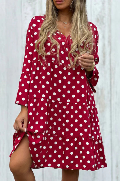 Elegant Print Polka Dot Flounce V Neck A Line Dresses