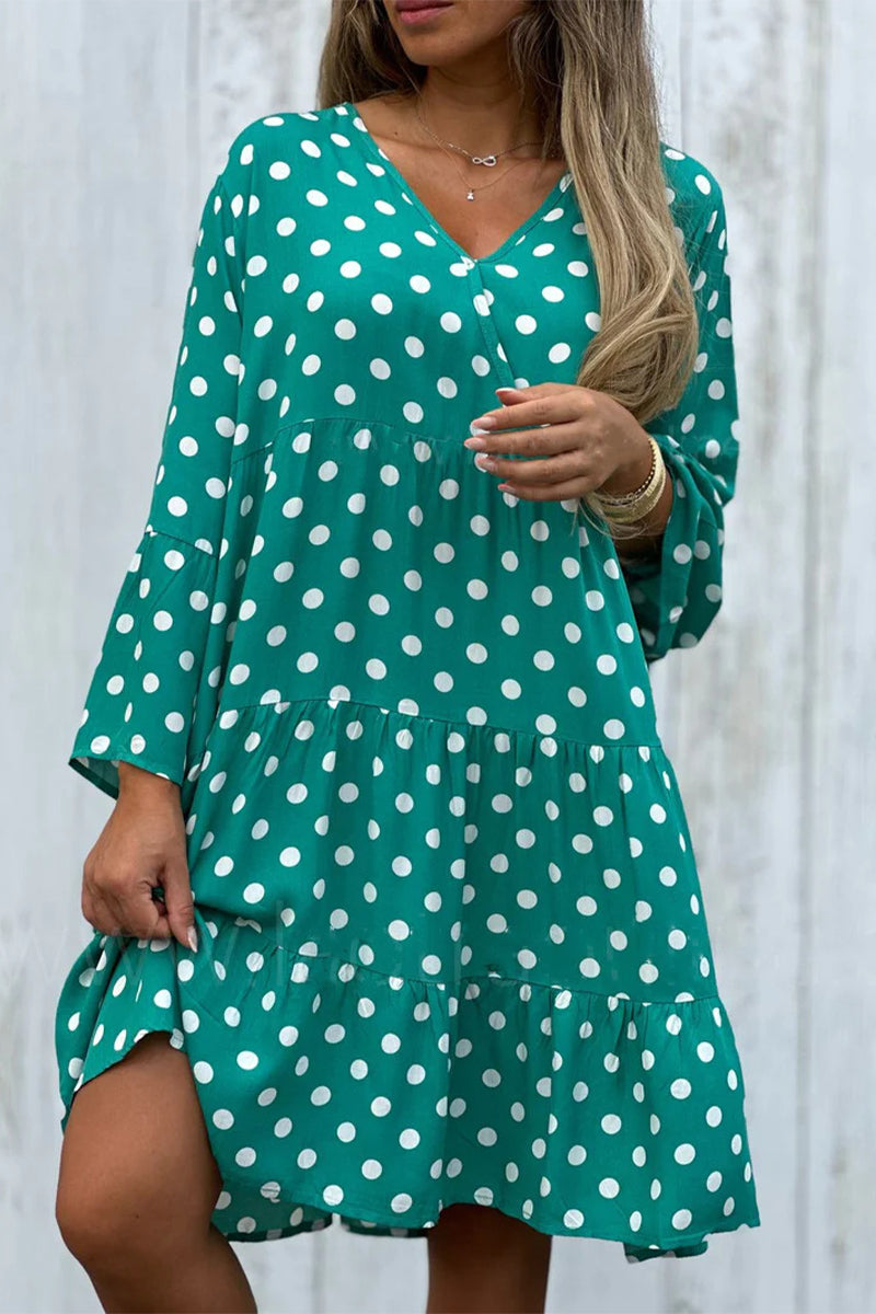 Elegant Print Polka Dot Flounce V Neck A Line Dresses