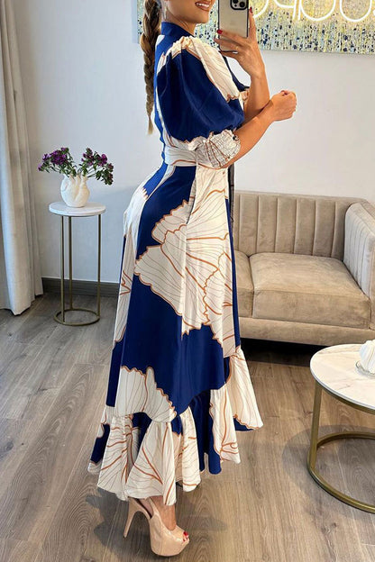 Casual Print Asymmetrical Turndown Collar Long Dress Dresses