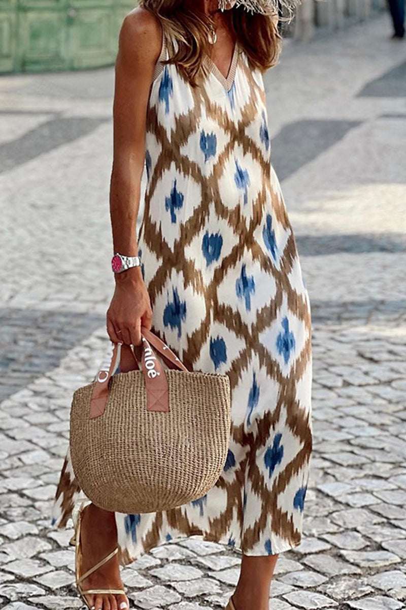 Casual Geometric Print Patchwork V Neck Sling Dresses