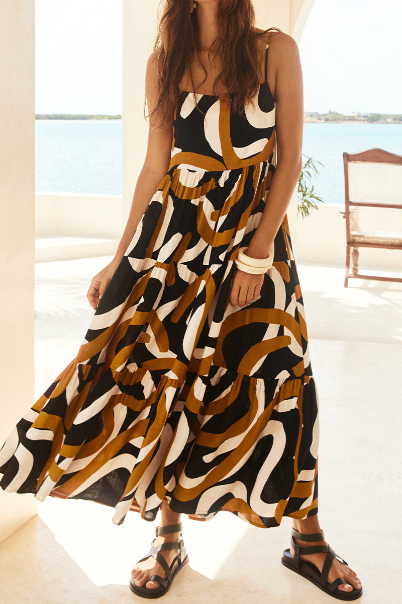 Casual Geometric Print Flounce Square Collar Sling Dresses