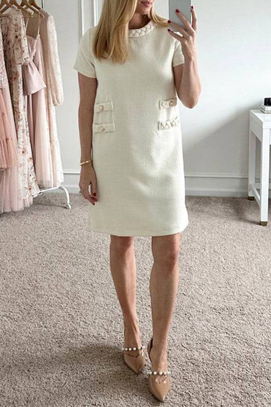 Celebrities Elegant Solid Buttons Weave O Neck A Line Short Sleeve Dress