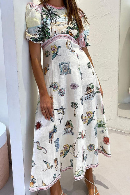 Casual Vintage Cartoon Print Patchwork O Neck A Line Dresses