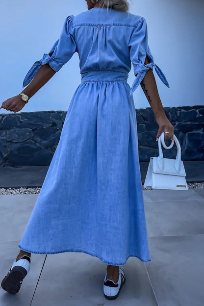 Elegant Solid Make Old Buckle V Neck Half Sleeve Loose Denim Dresses