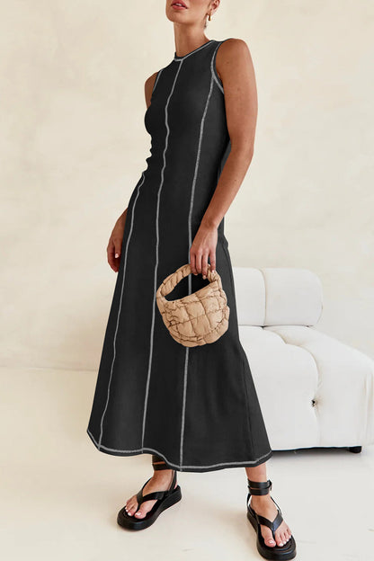 Casual Striped Contrast Weave O Neck Sleeveless Dresses