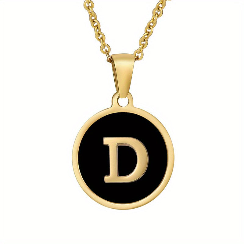 1pc 18K Gold-Plated Round Initial Pendant Necklace, Titanium Steel, Oil Drop Design, 26 Letters Charm Jewelry, Simple Hip Hop Style For Women