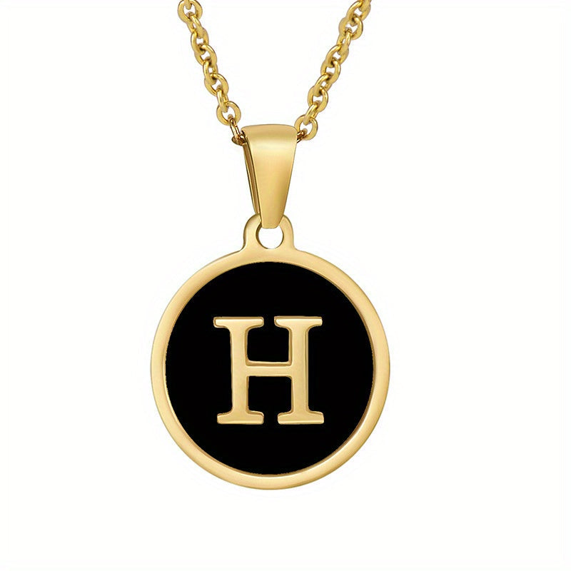 1pc 18K Gold-Plated Round Initial Pendant Necklace, Titanium Steel, Oil Drop Design, 26 Letters Charm Jewelry, Simple Hip Hop Style For Women