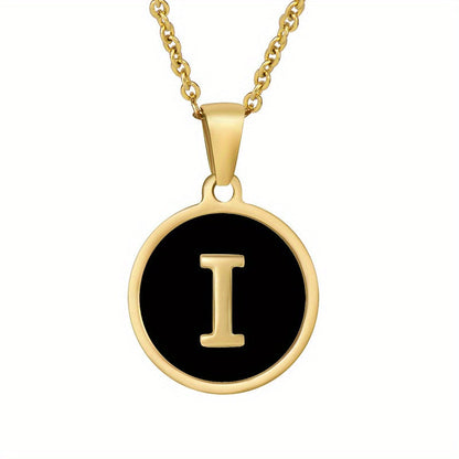 1pc 18K Gold-Plated Round Initial Pendant Necklace, Titanium Steel, Oil Drop Design, 26 Letters Charm Jewelry, Simple Hip Hop Style For Women