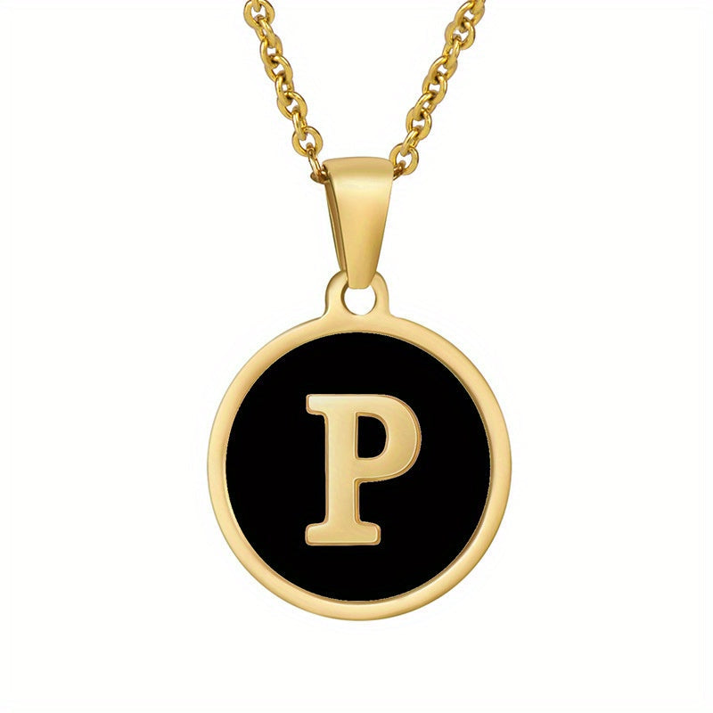 1pc 18K Gold-Plated Round Initial Pendant Necklace, Titanium Steel, Oil Drop Design, 26 Letters Charm Jewelry, Simple Hip Hop Style For Women