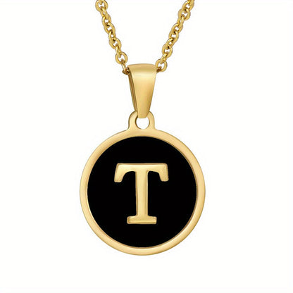 1pc 18K Gold-Plated Round Initial Pendant Necklace, Titanium Steel, Oil Drop Design, 26 Letters Charm Jewelry, Simple Hip Hop Style For Women