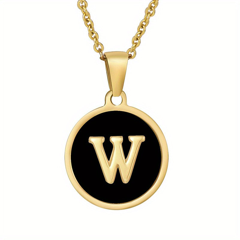 1pc 18K Gold-Plated Round Initial Pendant Necklace, Titanium Steel, Oil Drop Design, 26 Letters Charm Jewelry, Simple Hip Hop Style For Women